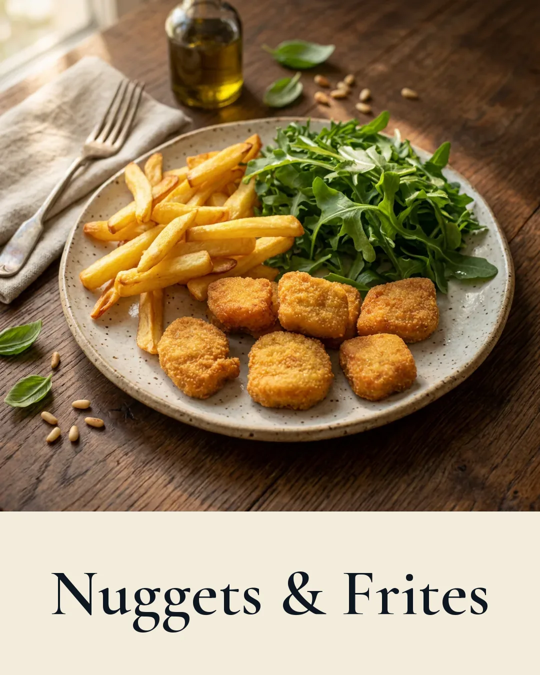 Chunks de filets de poulet, frites et salade