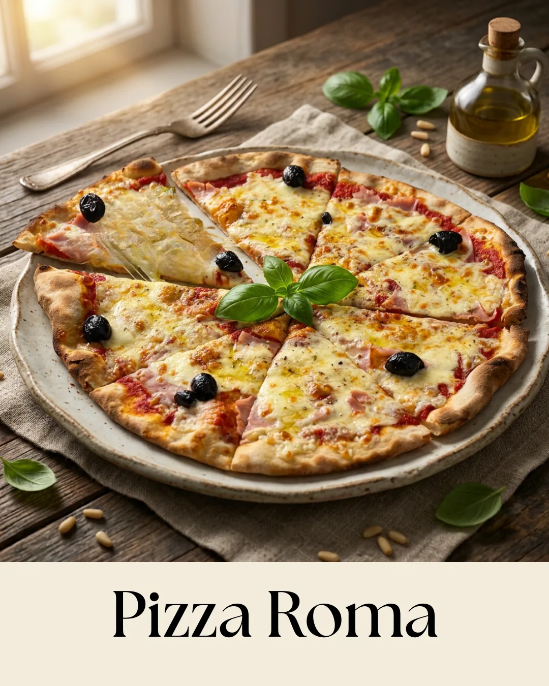 Pizza Roma — mozzarella, tomate, jambon, olives