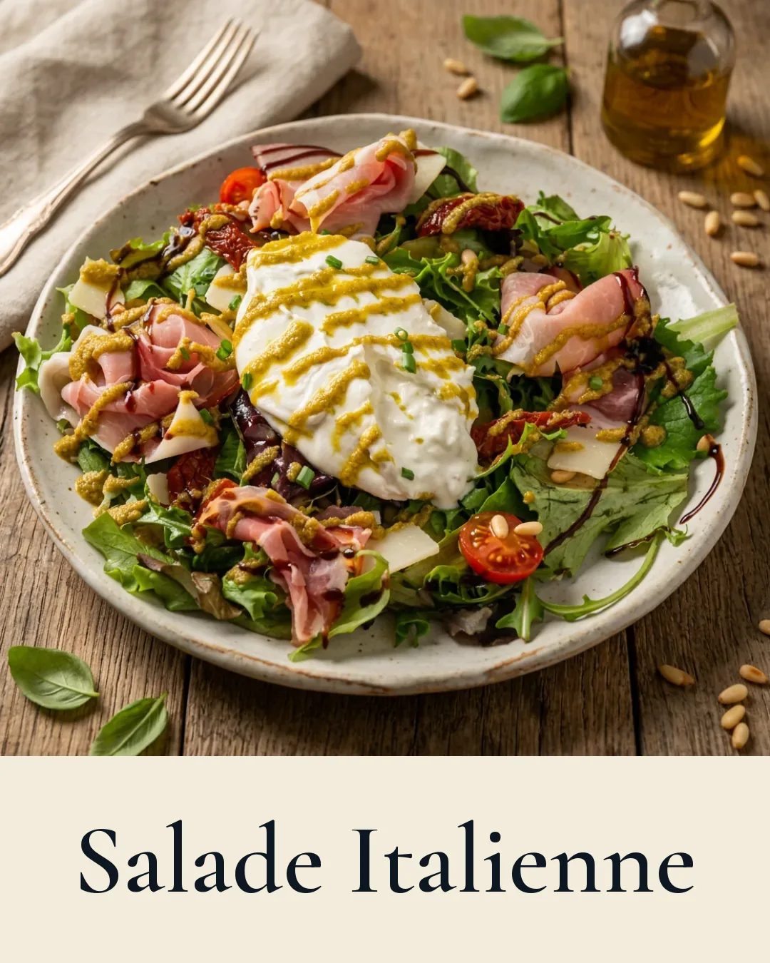 Salade Italienne, burrata, jambon cru, parmesan, pesto