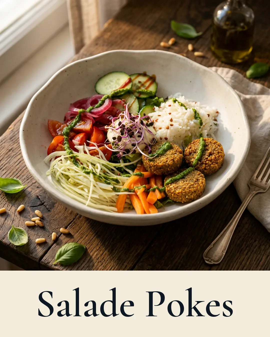 Salade Pokes — riz, falafels, légumes, vinaigrette d'agrumes