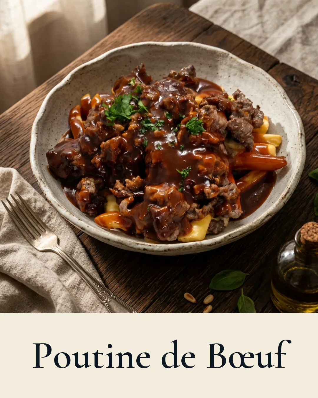 Poutine de bœuf — effiloché, cheddar, oignons cuisinés, frites